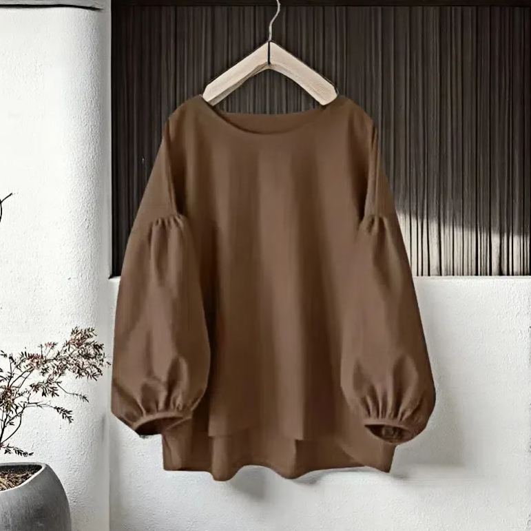 寬鬆休閒素色圓領長袖泡泡袖襯衫-lululam