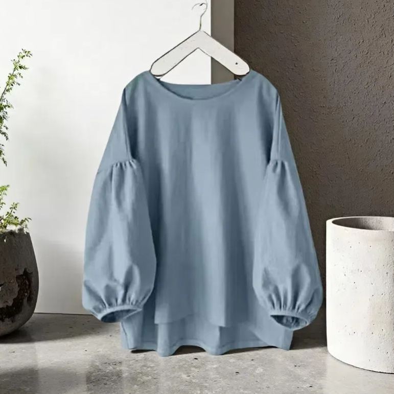 寬鬆休閒素色圓領長袖泡泡袖襯衫-lululam