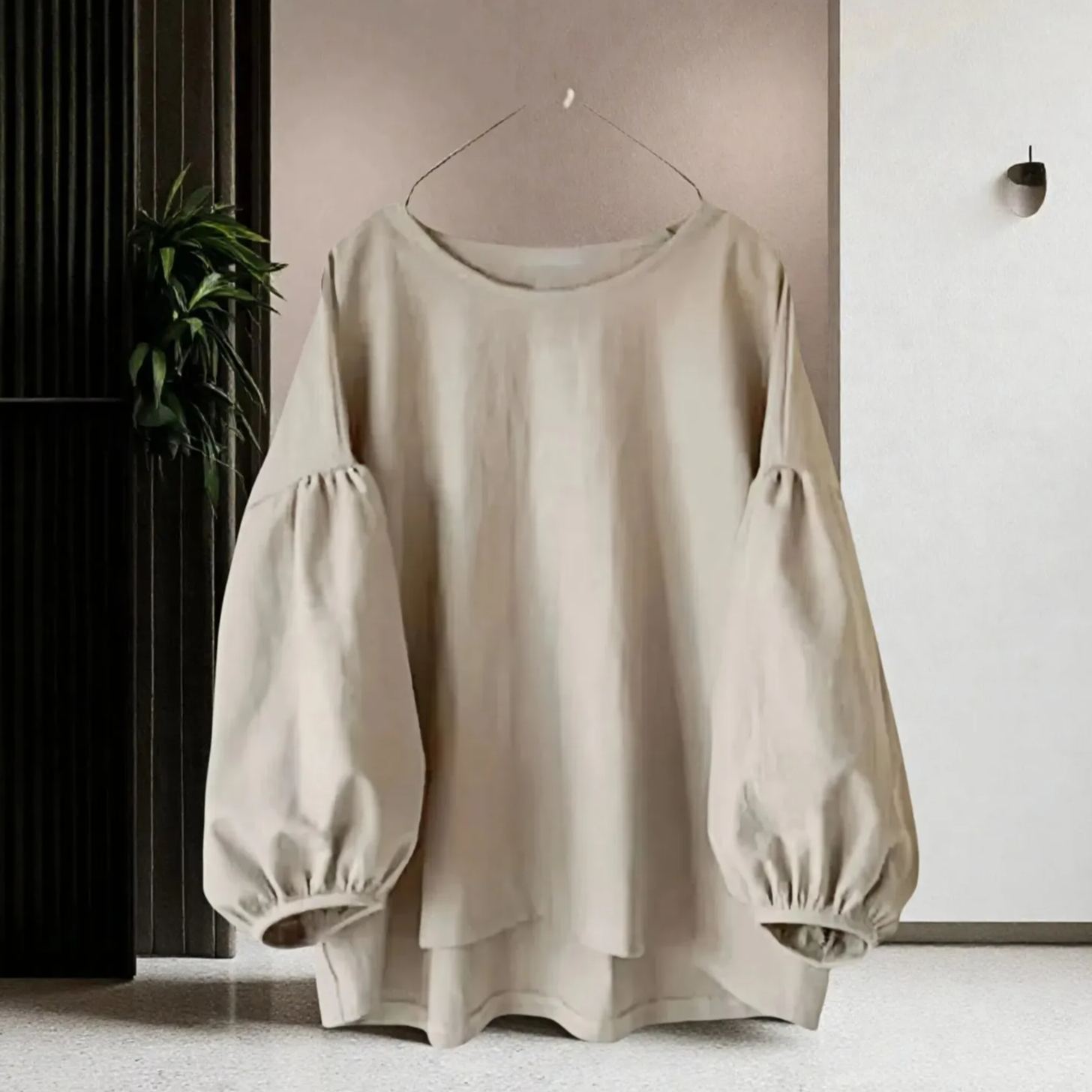 寬鬆休閒素色圓領長袖泡泡袖襯衫-lululam