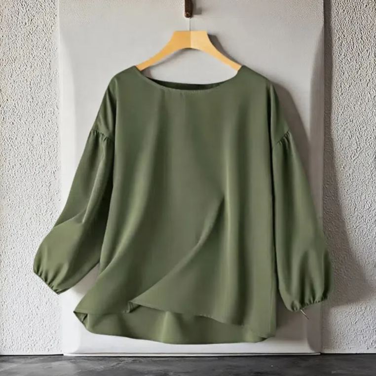 寬鬆休閒素色圓領長袖泡泡袖襯衫-lululam