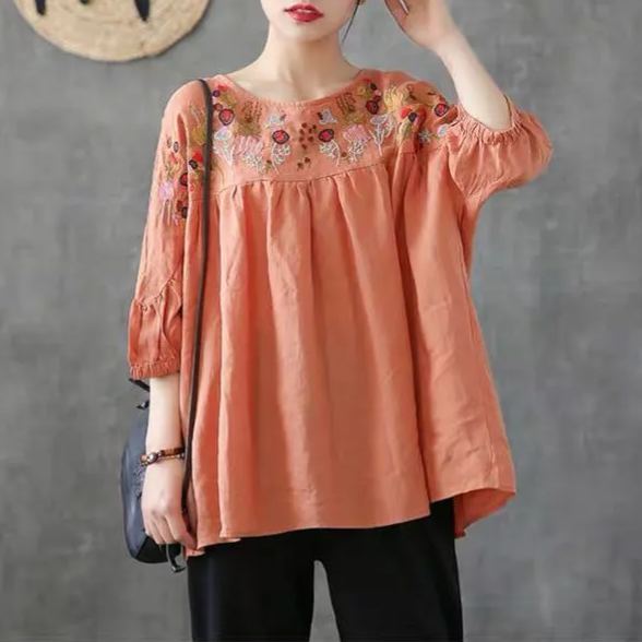 復古刺繡寬鬆棉娃娃衫圓領五分短袖T恤-lululam