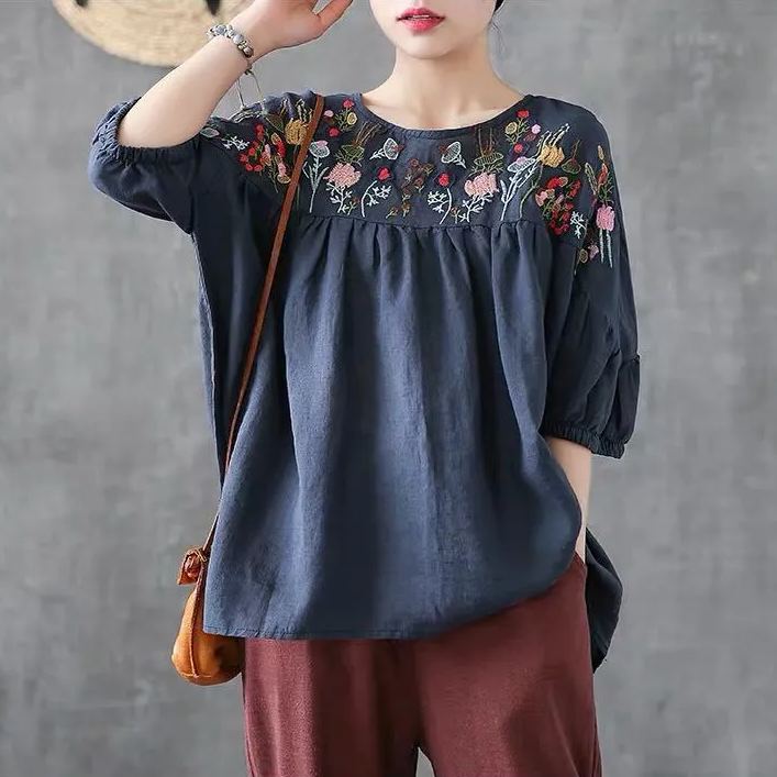 復古刺繡寬鬆棉娃娃衫圓領五分短袖T恤-lululam