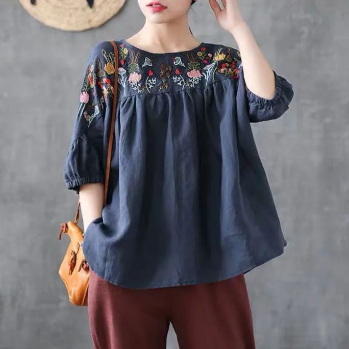 復古刺繡寬鬆棉娃娃衫圓領五分短袖T恤-lululam