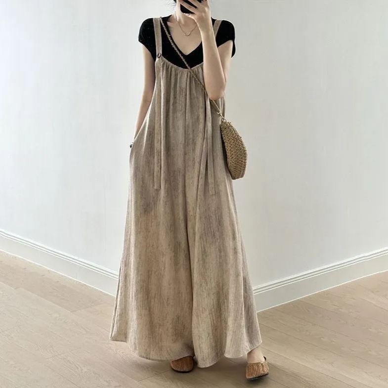 【單件/套裝】日系文藝慵懶垂感連體背帶褲短袖兩件套裝-lululam