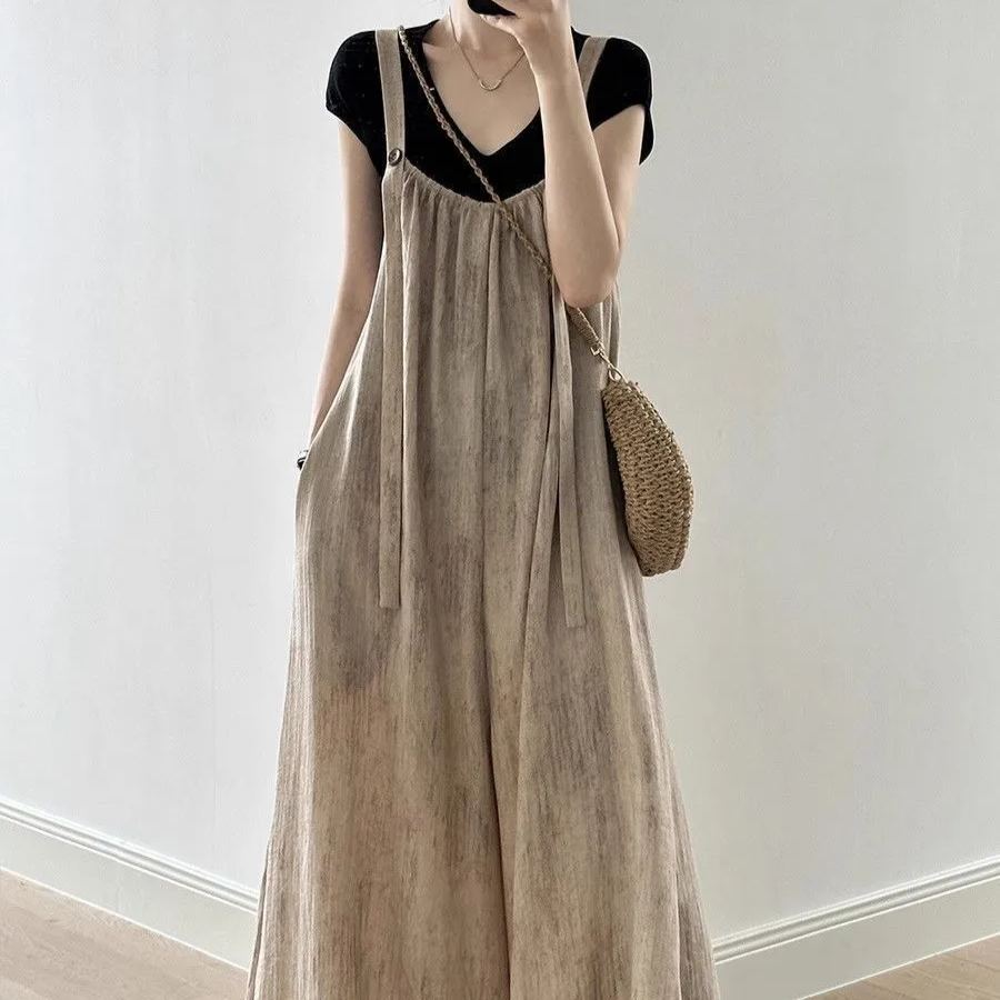 【單件/套裝】日系文藝慵懶垂感連體背帶褲短袖兩件套裝-lululam