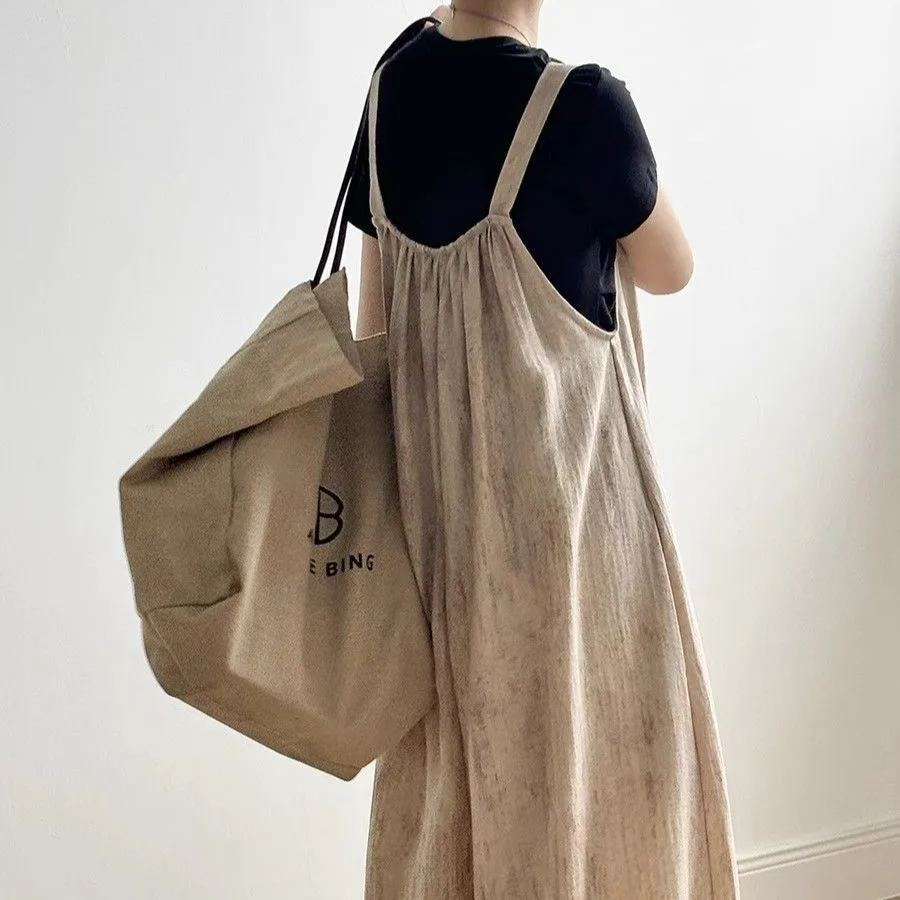 【單件/套裝】日系文藝慵懶垂感連體背帶褲短袖兩件套裝-lululam