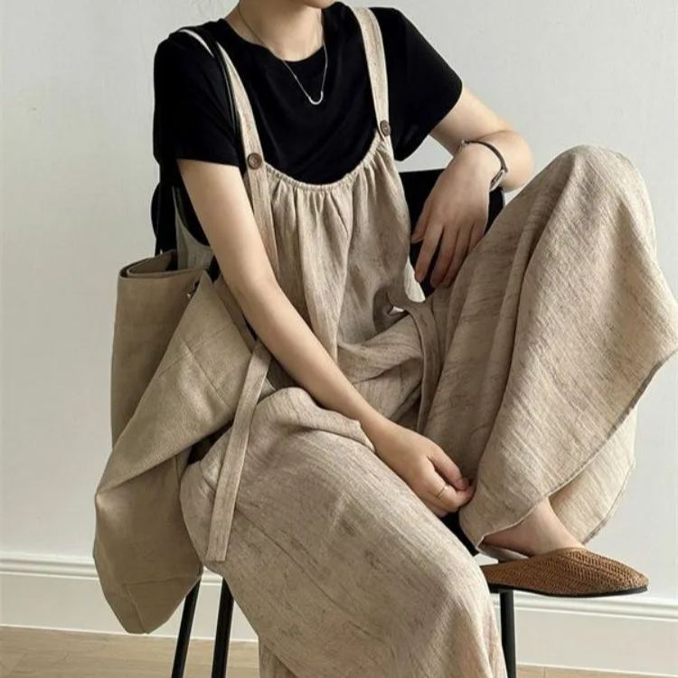 【單件/套裝】日系文藝慵懶垂感連體背帶褲短袖兩件套裝-lululam