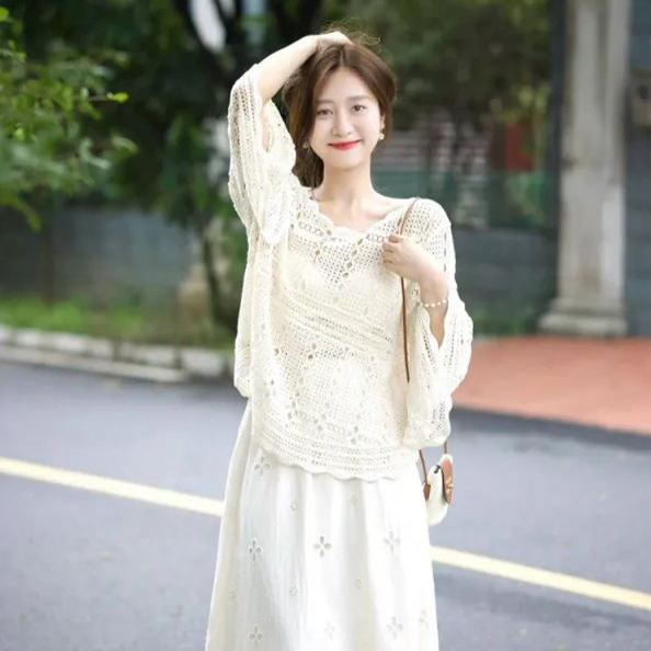 【單件/整套】溫柔小清新闊袖鏤空上衣半身長裙兩件套裝