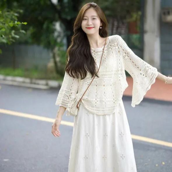 【單件/整套】溫柔小清新闊袖鏤空上衣半身長裙兩件套裝