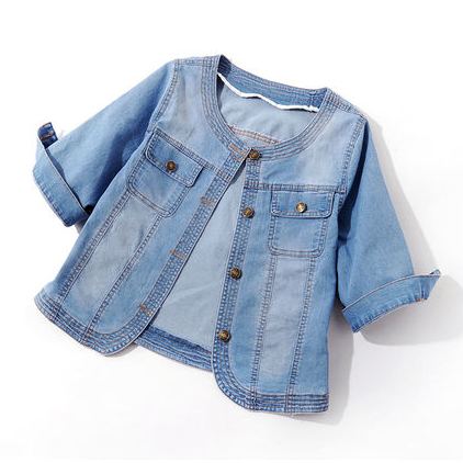 圓領韓版百搭彈力中袖短款軟牛仔外套-lululam