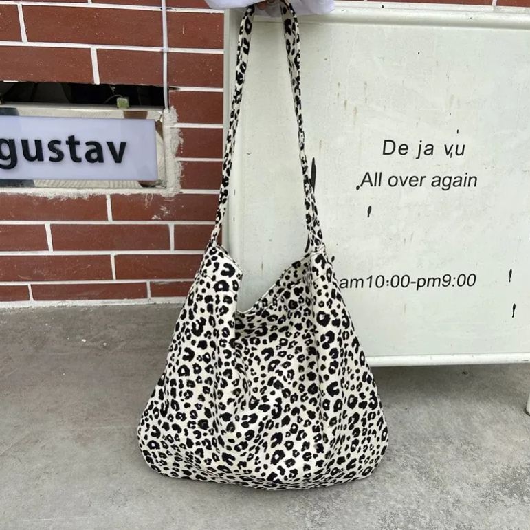 雙層帆布休閒印花單肩包豹紋大容量單肩包-lululam