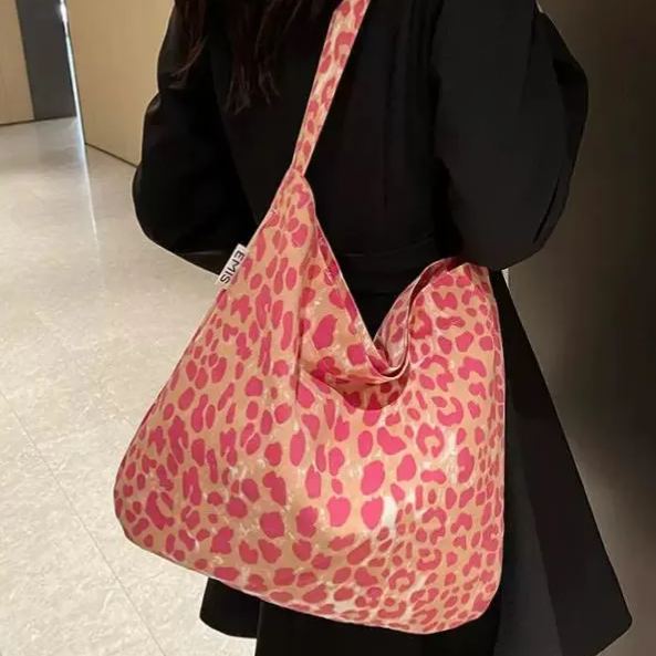 雙層帆布休閒印花單肩包豹紋大容量單肩包-lululam