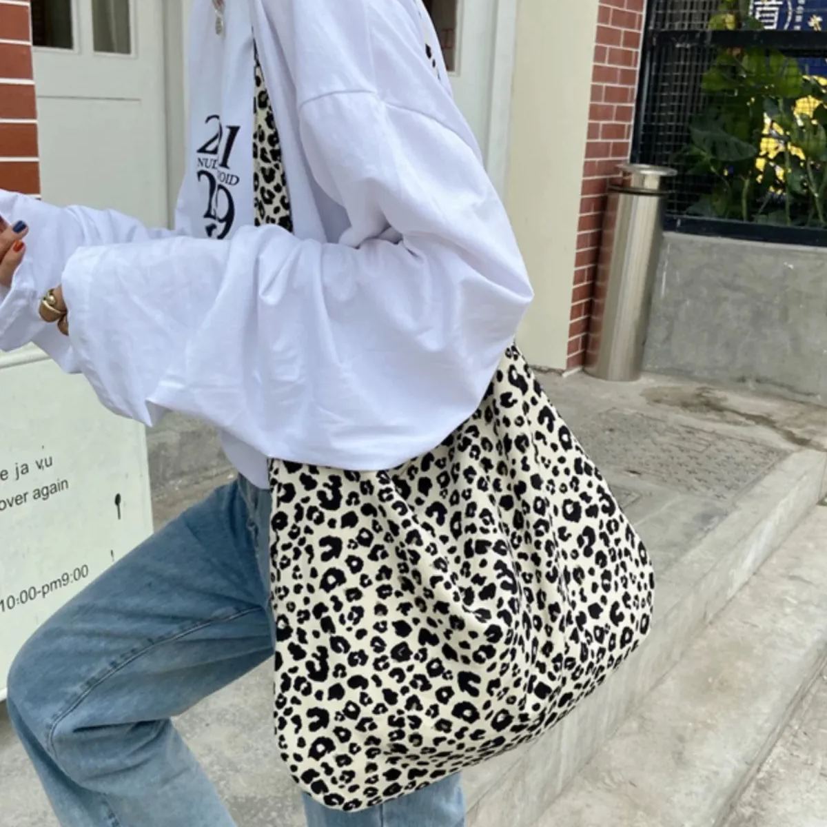 雙層帆布休閒印花單肩包豹紋大容量單肩包-lululam