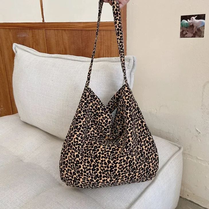 雙層帆布休閒印花單肩包豹紋大容量單肩包-lululam