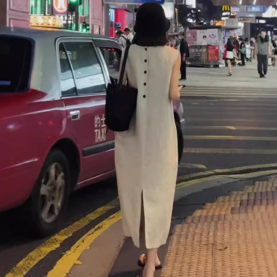寬鬆顯瘦休閒氣質法式無袖背心式長洋裝-lululam