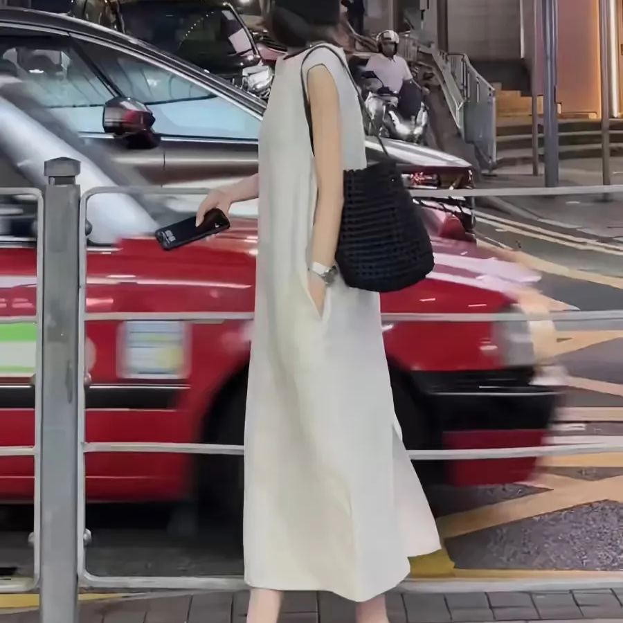 寬鬆顯瘦休閒氣質法式無袖背心式長洋裝-lululam
