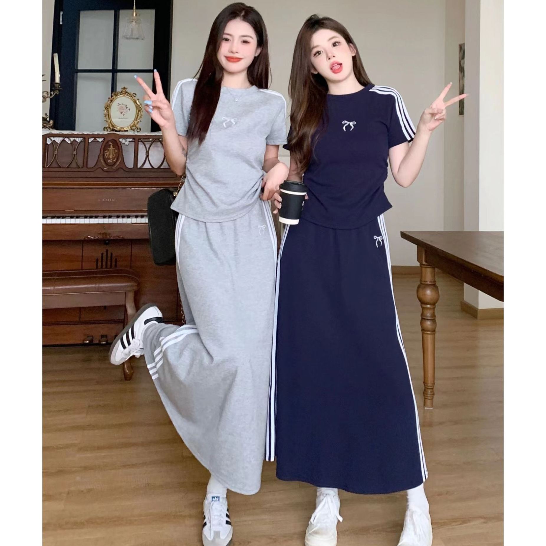 【套裝】慵懶風休閒時尚短袖t恤高腰A字裙運動風兩件套裝-lululam