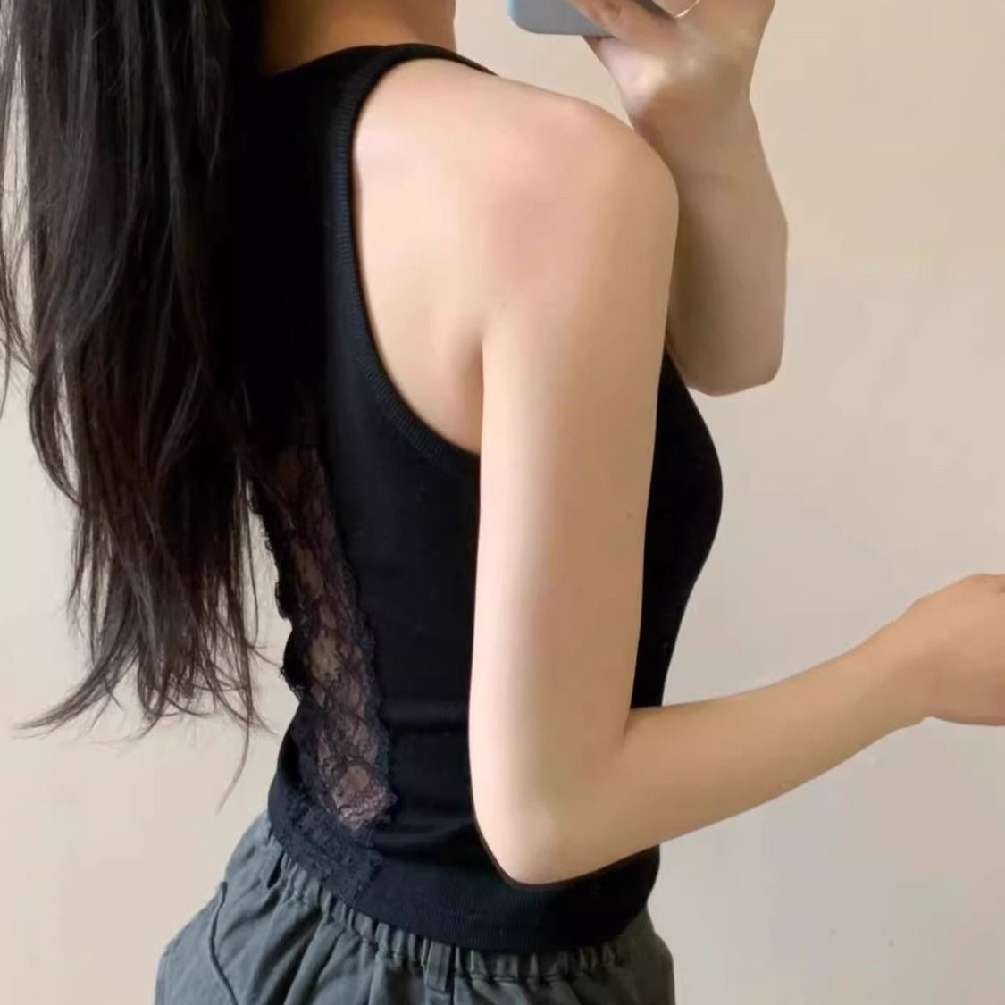 蕾絲帶胸墊外穿內搭顯瘦純棉美背吊帶-lululam