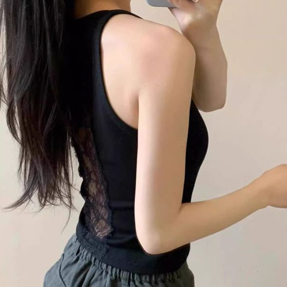 蕾絲帶胸墊外穿內搭顯瘦純棉美背吊帶-lululam