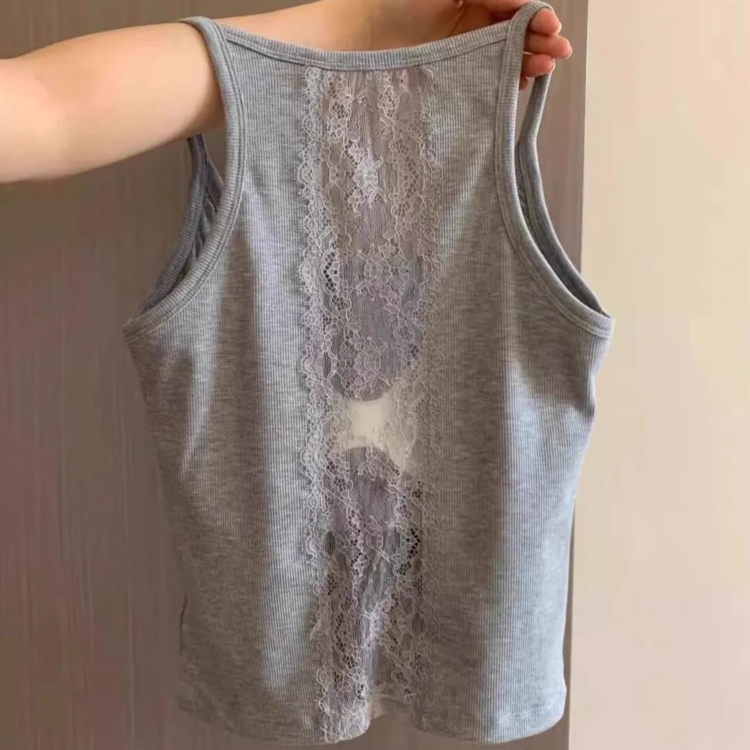 蕾絲帶胸墊外穿內搭顯瘦純棉美背吊帶-lululam