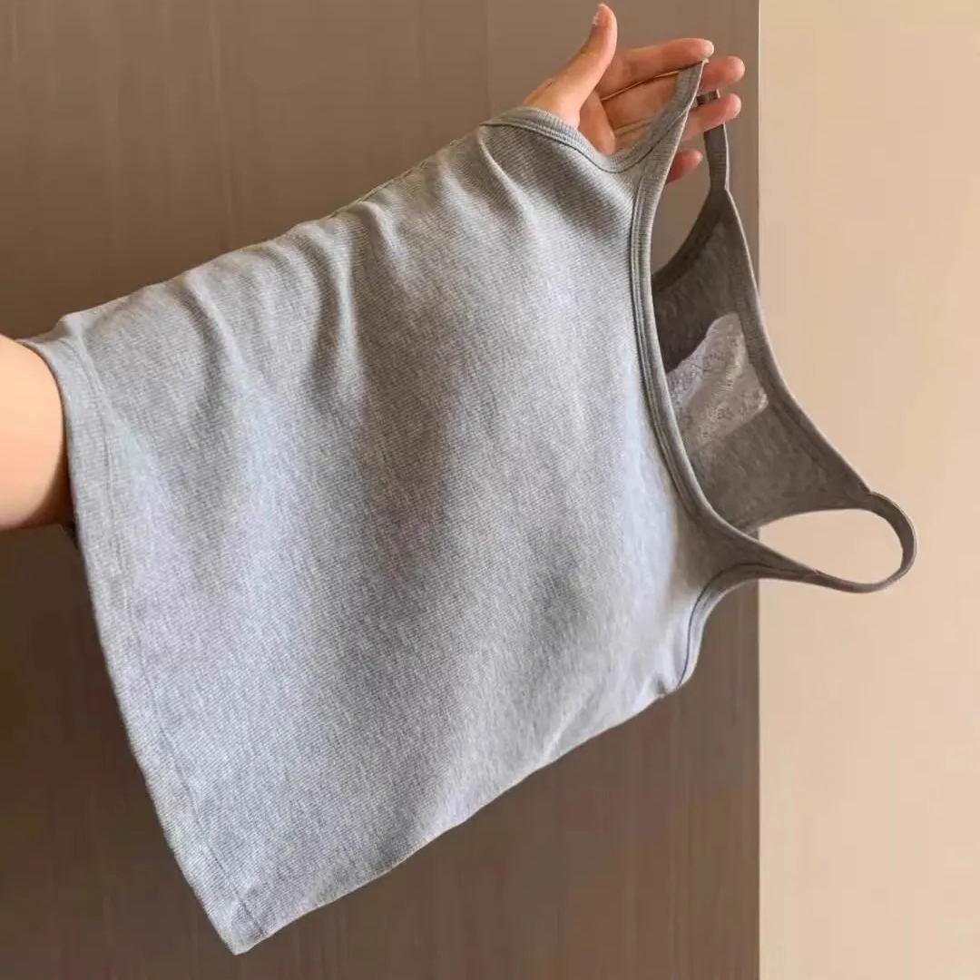 蕾絲帶胸墊外穿內搭顯瘦純棉美背吊帶-lululam