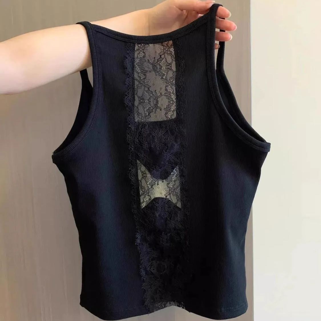 蕾絲帶胸墊外穿內搭顯瘦純棉美背吊帶-lululam