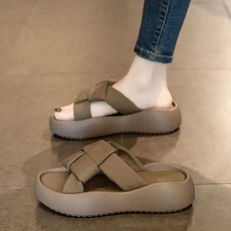 時尚外穿厚底編織平底高級感一字涼拖鞋-lululam