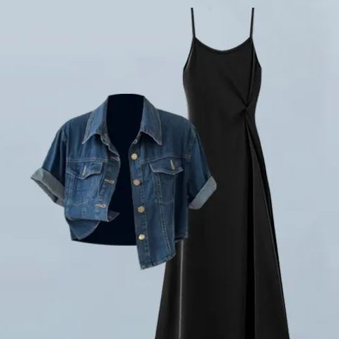 【單品/套裝】小香風短袖修身顯瘦長款洋裝兩件套裝-lululam