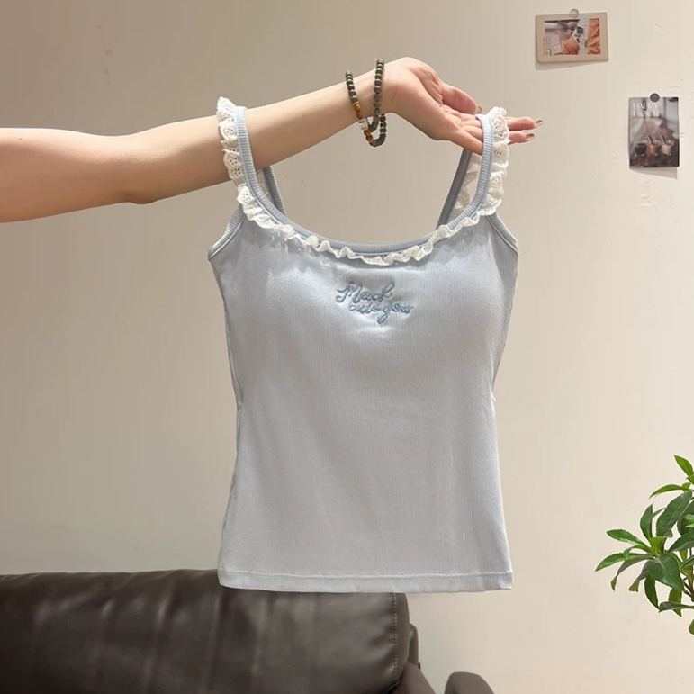 純欲蕾絲刺繡帶胸墊美背設計感顯瘦吊帶背心-lululam