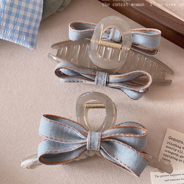 时尚牛仔蓝高级感鲨鱼夹蝴蝶结抓夹-lululam