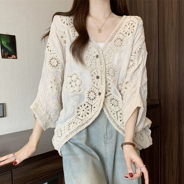 波西米亞風鉤花鏤空V領大碼防曬開衫襯衫-lululam
