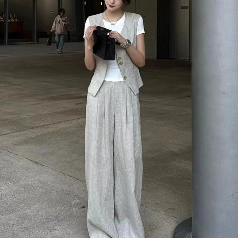 【單品/套裝】減齡洋氣時尚高級感小香風馬甲闊腿褲兩件套裝-lululam