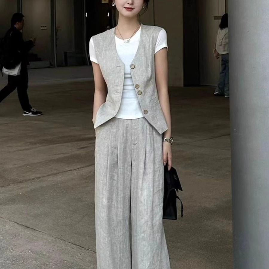 【單品/套裝】減齡洋氣時尚高級感小香風馬甲闊腿褲兩件套裝-lululam