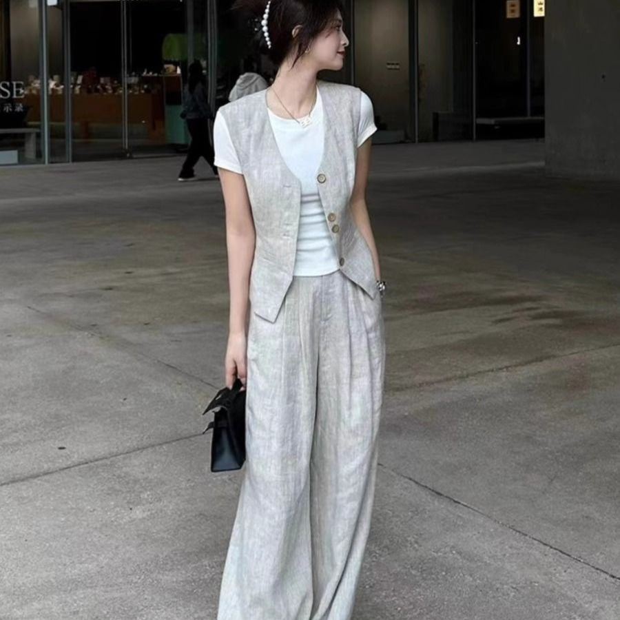 【單品/套裝】減齡洋氣時尚高級感小香風馬甲闊腿褲兩件套裝-lululam