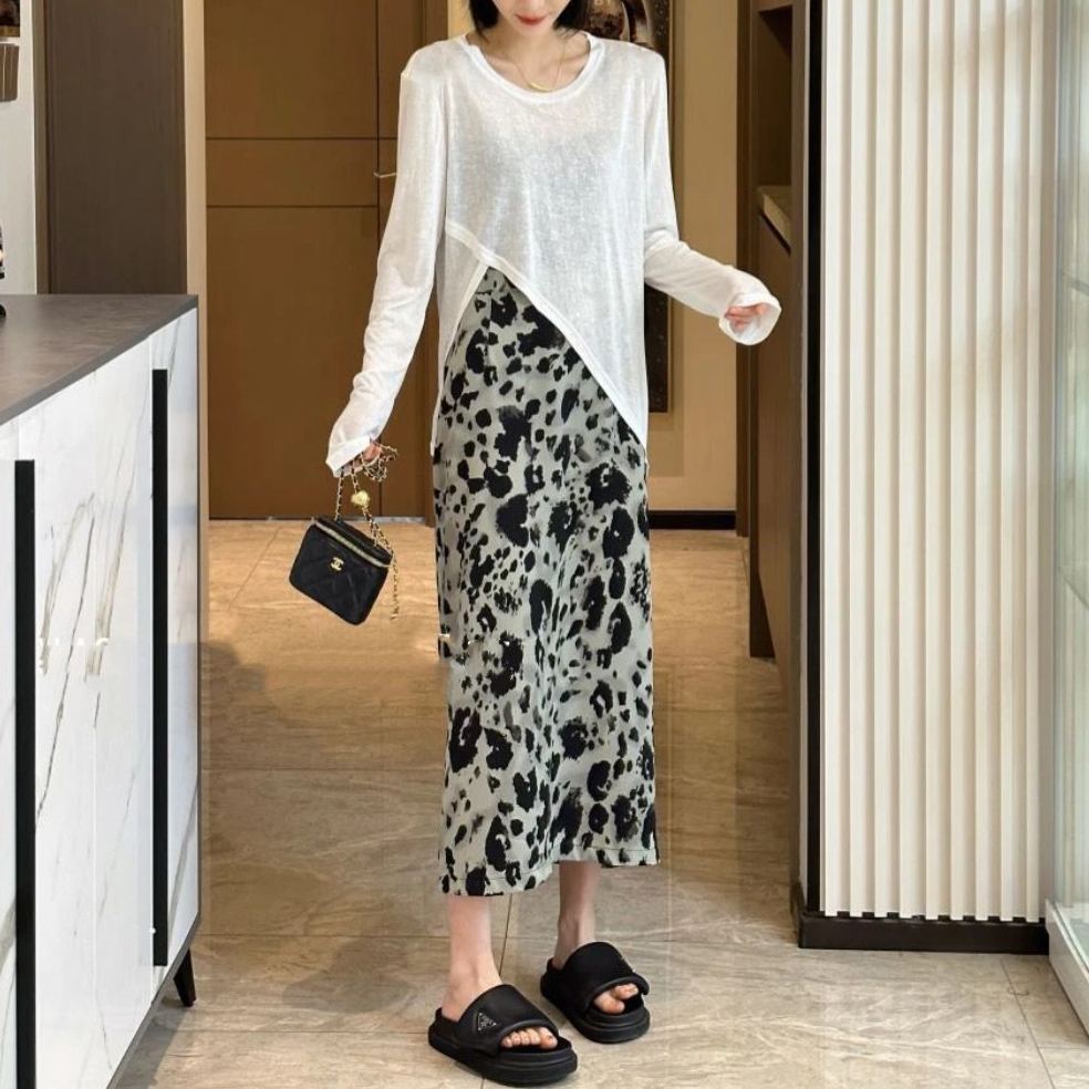 【單件/套裝】時尚不規則防曬長袖T恤+豹紋半身裙兩件套裝-lululam