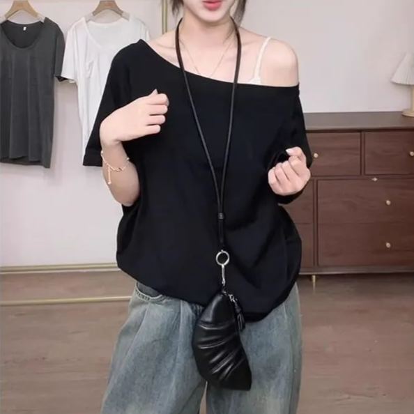 一字肩純慾斜領露肩寬鬆顯瘦短袖T恤-lululam