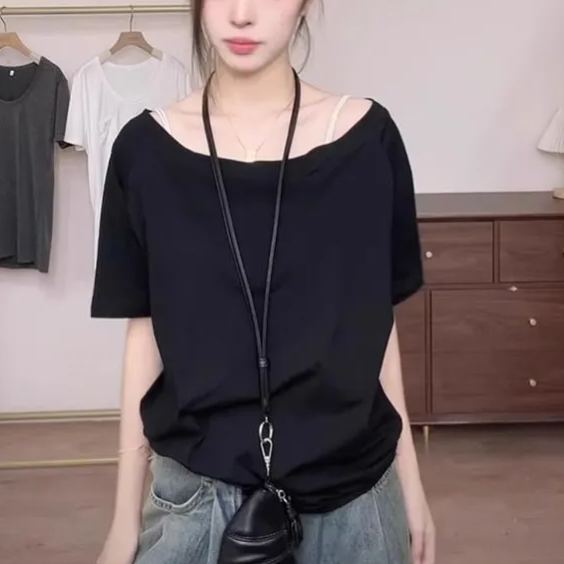 一字肩純慾斜領露肩寬鬆顯瘦短袖T恤-lululam