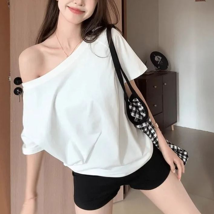 一字肩純慾斜領露肩寬鬆顯瘦短袖T恤-lululam