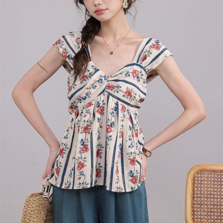復古碎花設計感別緻漂亮V領無袖上衣-lululam