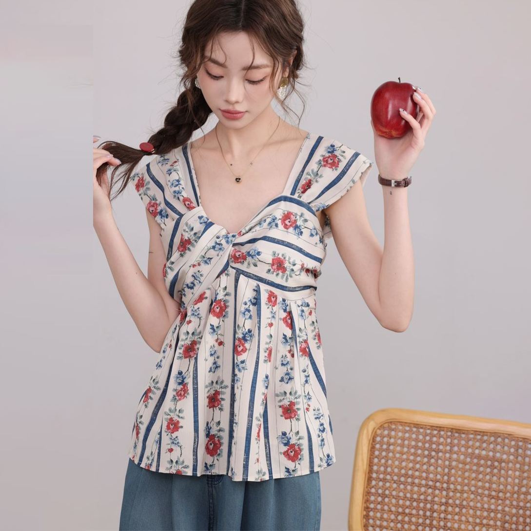 復古碎花設計感別緻漂亮V領無袖上衣-lululam