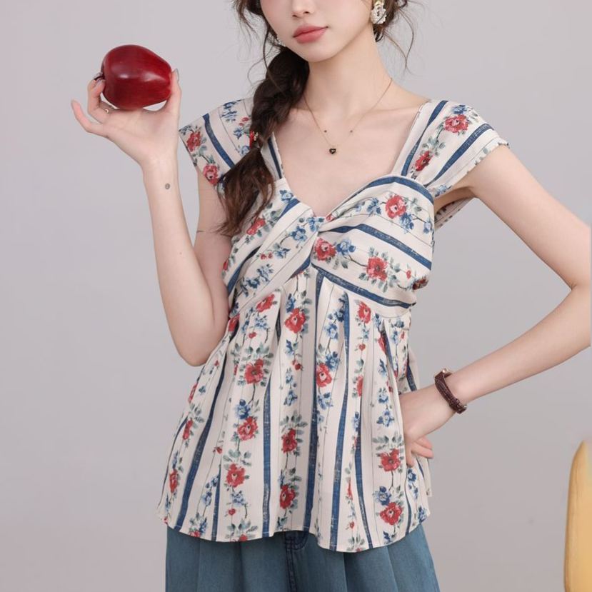 復古碎花設計感別緻漂亮V領無袖上衣-lululam