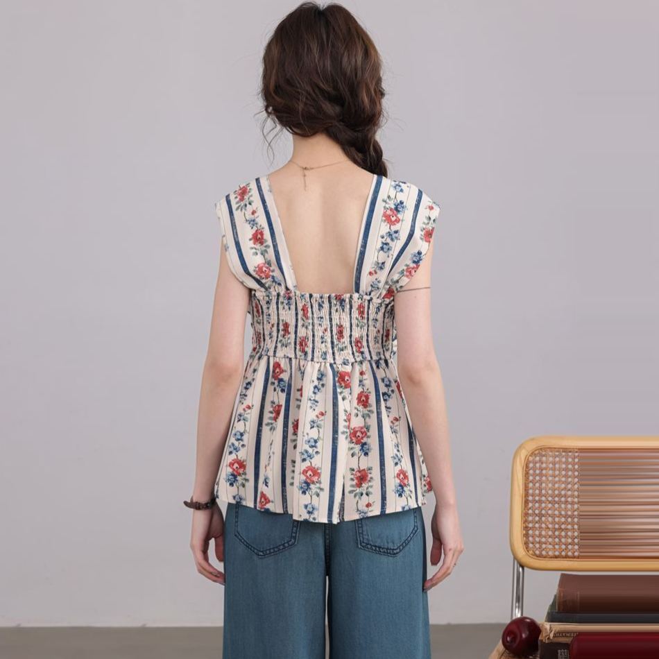 復古碎花設計感別緻漂亮V領無袖上衣-lululam
