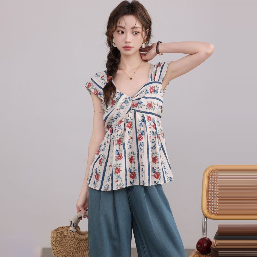 復古碎花設計感別緻漂亮V領無袖上衣-lululam