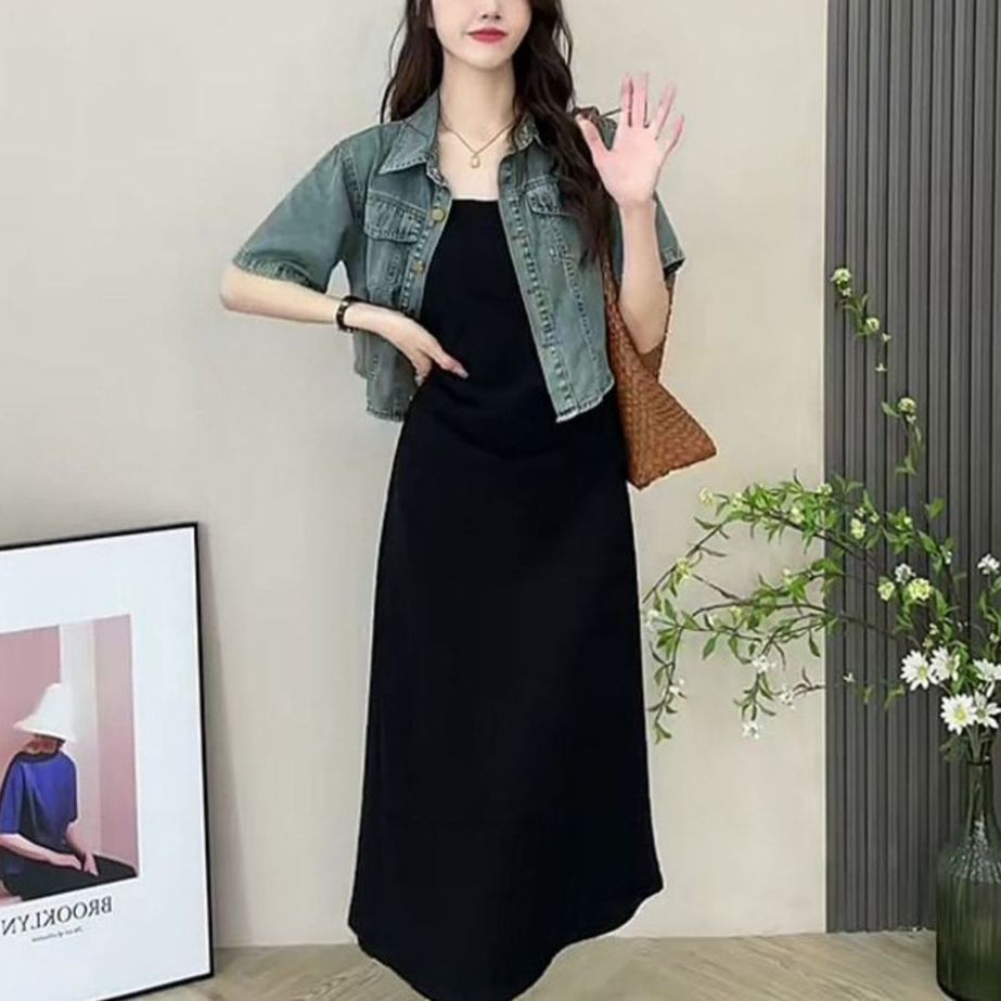 【單品/套裝】短袖牛仔外套吊帶連衣裙韓版休閒兩件套裝