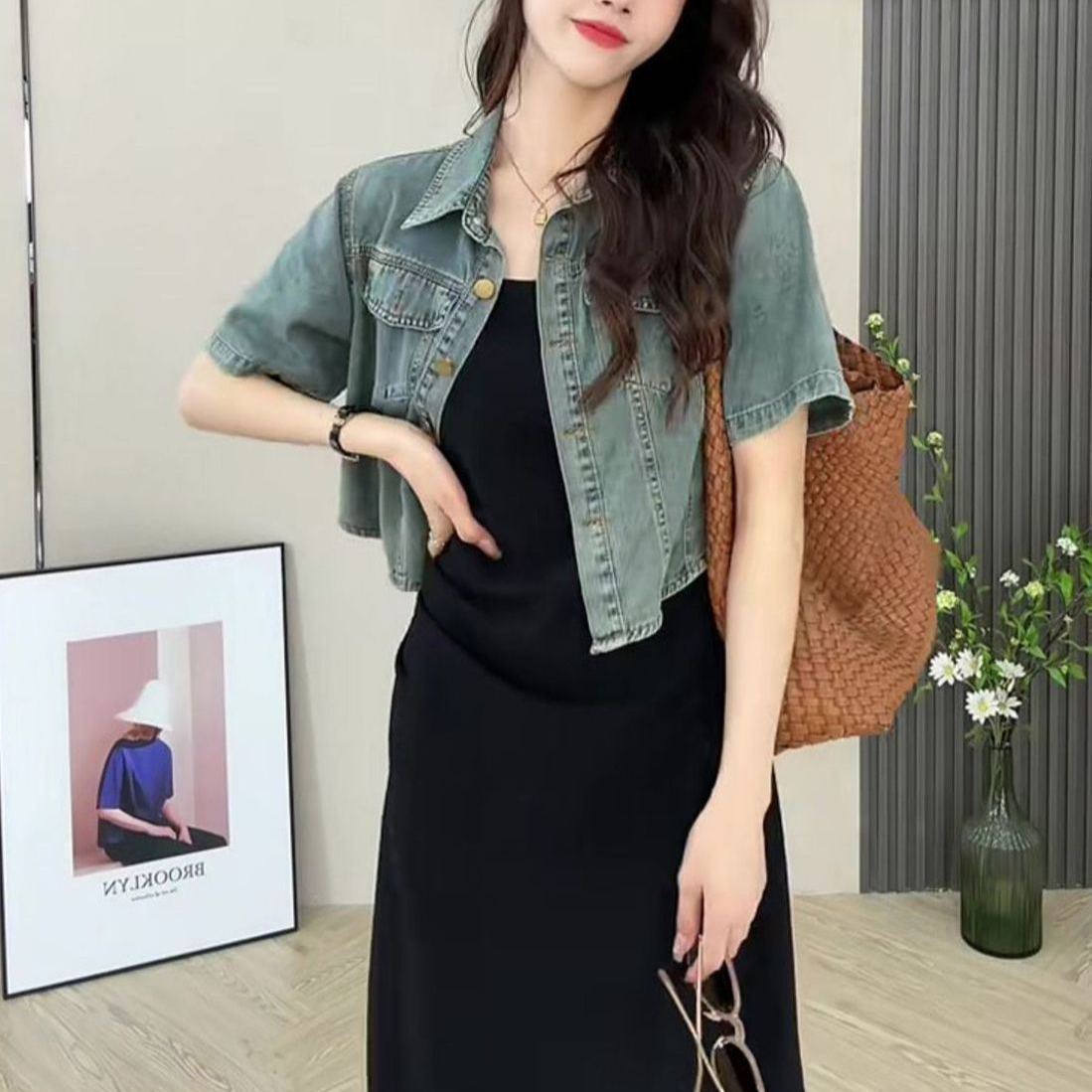 【單品/套裝】短袖牛仔外套吊帶連衣裙韓版休閒兩件套裝