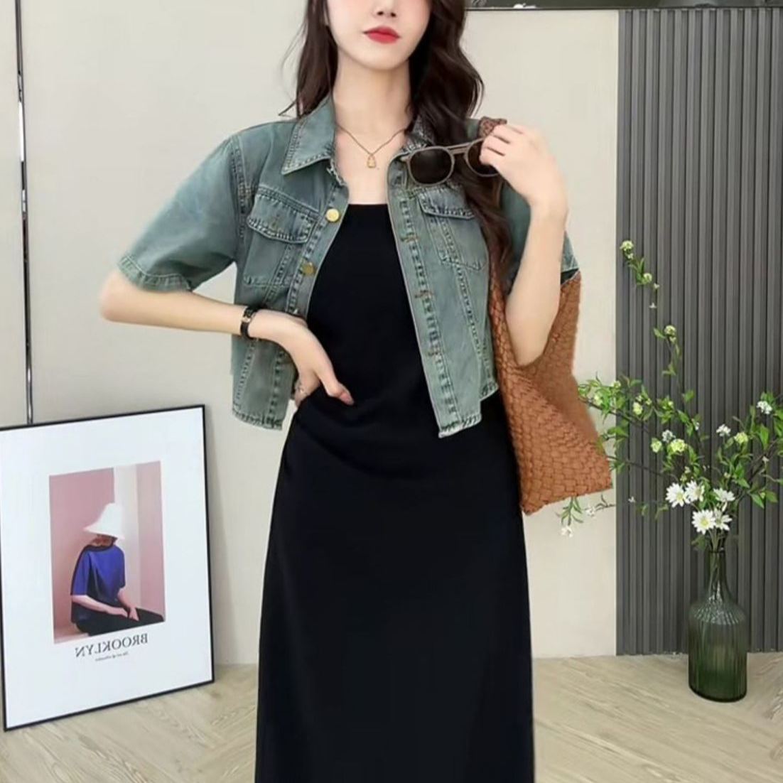 【單品/套裝】短袖牛仔外套吊帶連衣裙韓版休閒兩件套裝