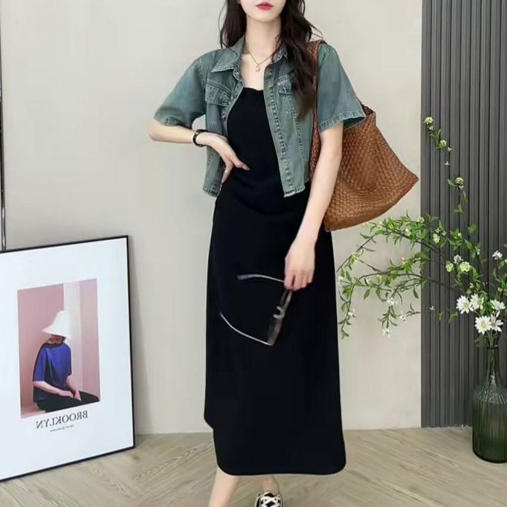 【單品/套裝】短袖牛仔外套吊帶連衣裙韓版休閒兩件套裝