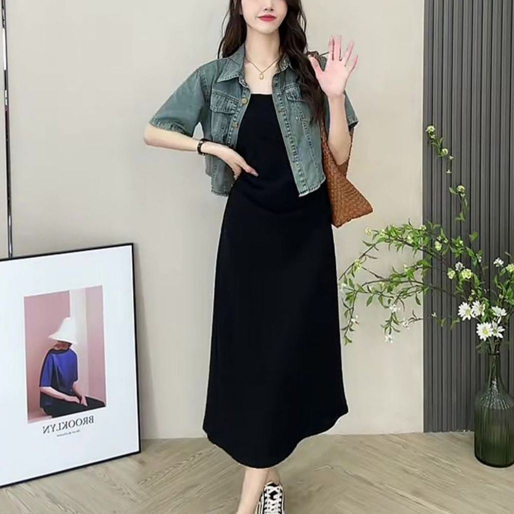 【單品/套裝】短袖牛仔外套吊帶連衣裙韓版休閒兩件套裝