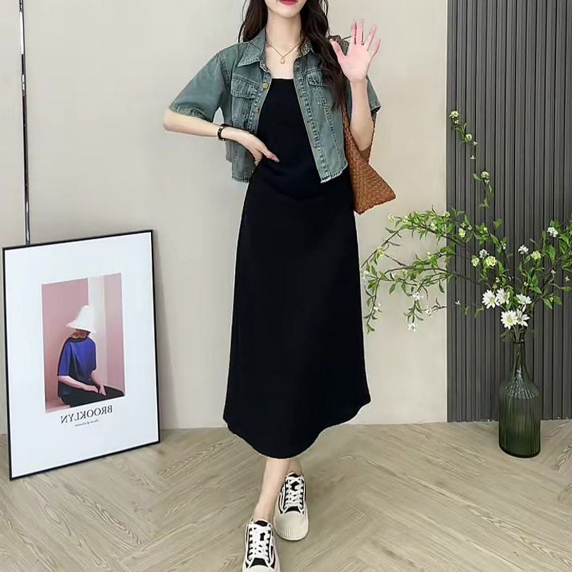 【單品/套裝】短袖牛仔外套吊帶連衣裙韓版休閒兩件套裝