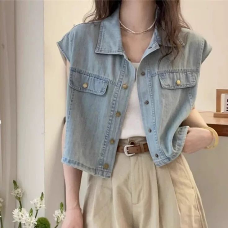 Polo領單排扣時尚飛飛袖牛仔馬甲-lululam